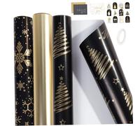 Décorations de Noël, papier d'emballage de Noël 3 rouleaux papier d'emballage réversibles, feuille métallique, flocon neige, arbre vintage pour