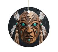 Décorations de Noël personnalisées 2025 en céramique à suspendre avec masque de dieu de la pluie avec ficelle dorée - Décorations de vacances vintage double face pour arbre, cheminée, table, cadeaux