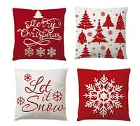 Décorations De Noël Pillow Covers 4 Pack, Arbre De Noël Flocon De Neige Renne Décor À La Maison Linen Coussins Taie d'oreiller Xmas Holiday Farmhouse Accueil Chambre Décoratif, 17,7 Pouces Red
