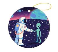 Décorations de Noël Rondes de 7,1 cm, Astronaute Rencontre Un Extraterrestre à Suspendre pour Sapin de Noël, décorations festives avec Corde de Suspension pour cheminée, fête de Mariage, Maison