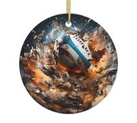 Décorations de Noël rondes en céramique imprimées Rugby on Fire - Convient pour les fêtes de fin d'année et les décorations de cheminée.