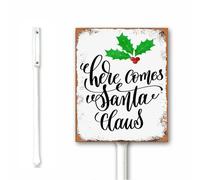 Décorations de Noël rustiques pour l'extérieur « Here comes the Santa Paws » - Panneau de jardin de Noël avec piquet - 18 x 22 cm - Décoration de pelouse d'hiver - Décoration extérieure - Aluminium