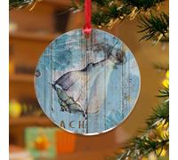 Décorations de Noël sur le thème de la plage nautique - Œuvre d'art décorative - Disques en acrylique transparent - Texture bois bleu - Souvenir côtier pour décoration d'arbre de Noël - Étiquette