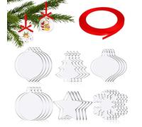 Décorations de Noël Vierges en Acrylique,décorations de Noël Transparentes - 24X Ornements de Disque Plat - Ornements de Disque Plat festifs en Ruban Rouge, décoration Artisanale de noël Transparente