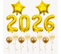 Décorations de Nouvel An 2026 en or avec ballons XXL en aluminium portant des chiffres, ballons en forme d'étoile et guirlande de confettis pour le réveillon du Nouvel An ou la fête d'anniversaire