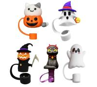 Décorations de paille d'Halloween pour gobelets, couvertures de paille d'Halloween - Ensemble de 5 bouchons anti-poussière réutilisables | Couvercle de pointes de anti-déversement, ensemble de