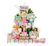 Décorations de Pâques, décoration de plateau à étages en forme de fleur de printemps, ensemble de décoration de plateau à étages, panneau en bois rustique de marguerite pour la maison, l'étagère, la