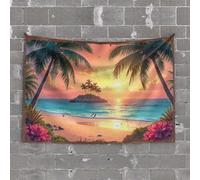 Décorations de porte de chambre à coucher coucher du soleil paradis : plage tropicale avec palmiers et fleurs Tapisserie Décoration d'intérieur pour homme Bar Decor pour la maison (100 x 150 cm)