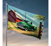 Décorations de porte de chambre à coucher, pick-up vert vintage devant un drapeau de grange rouge, décoration pour homme, drapeaux de grotte pour dortoirs (30 x 45 cm)