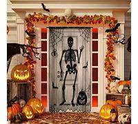 Décorations de Porte d'halloween 1PC 41x84 Pouces Noir Dentelle Halloween Rideau Squelette Spider Web Bat Rideau pour Spooky Halloween fenêtre/Porte décorations de fête