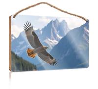 Décorations de porte d'hiver en bois avec aigle planant contre les sommets majestueux des montagnes - Panneau en bois amusant pour la décoration de la maison (23 x 35 cm)