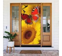 Décorations de porte tournesols jaunes avec papillon rouge, bannière de porte de bienvenue saisonnière pour le printemps et l'été, bannière de porche, fond photo pour intérieur et extérieur, 183 x 90