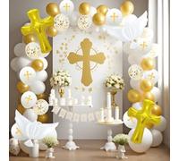 Décorations de Première Communion, kit de guirlande et arche de ballons blancs et dorés avec croix et colombes, 105 pièces, pour baptême garçons et filles