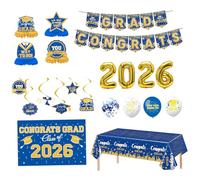 Décorations de remise de diplôme 2026, ensemble 7 pièces avec bannière et ballons en toile fond pour décorations classe 2026, bleu et or