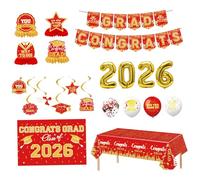 Décorations de remise de diplôme 2026 - Ensemble fête 7 pièces avec bannière, ballons, toile fond pour décorations classe 2026 rouge et doré, d'été