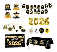 Décorations de remise de diplôme 2026 - Ensemble fête 7 pièces avec bannière, ballons, toile fond pour décorations classe 2026, et or, remise diplôme, fête