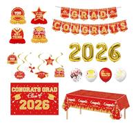 Décorations de remise de diplôme 2026, ensemble fête 7 pièces avec bannière, ballons, toile fond pour l'université, décorations classe 2026 (rouge et or)