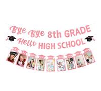 Décorations de remise de diplôme de e 2026 - Bannière « Bye Bye » de 8e année - Fournitures de fête de remise de diplôme pour adolescents garçons et filles (or rose)