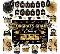 Décorations de remise de diplôme de e 2026, décorations de fête noires et dorées avec toile de fond, bannière, ballons, tourbillons à suspendre, nid d'abeille, feuilles 2026, fournitures de