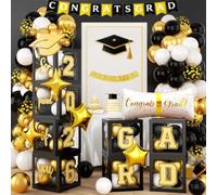 Décorations de remise de diplôme noires et dorées avec lettres « So Proud of You » 2026 - Décoration de fête d'anniversaire 2026 - Ballons dorés à confettis dorés et noirs