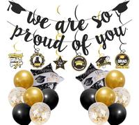 Décorations de remise de diplôme We Are So Proud of You Bannière de ballons noirs et dorés et tourbillons à suspendre pour la classe de 2025