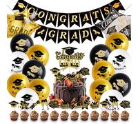 Décorations de Remise de Diplômes, 36 Pcs Noir and Or Graduation Decoration Kit, Bannières en Ballons de Remise des Diplômes de Félicitations, Cake Toppers, Ballons en Aluminium, de Fête