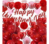 Décorations de Saint-Valentin, décoration de Saint-Valentin avec bannière « Happy Valentine Day », ballons en forme de cœur rouges, fleurs en papier, décoration en forme de cœur pour décorations