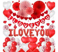 Décorations de Saint-Valentin I Love You Ballons - Décoration romantique en forme de cœur avec pétales de rose rouge - Éventail en papier à suspendre pour anniversaire, mariage, fiançailles, fête