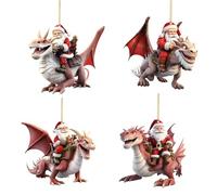 Décorations de sapin de Noël « An Old Man In A Santa Hat Riding A Dinosaur » - Pendentif de Noël en acrylique pour la maison, les vacances, les fêtes - Décoration amusante à suspendre (12-rouge