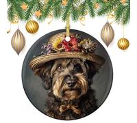 Décorations de sapin de Noël en céramique avec ficelle dorée à suspendre en porcelaine - Chat portant un chapeau de paille - Ornements pour cheminée de sapin de Noël vintage double face - 7,1 cm