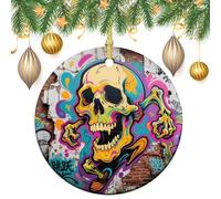 Décorations de sapin de Noël en céramique avec ficelle dorée en porcelaine à suspendre - Motif tête de mort - Décoration vintage double face - 7,1 cm