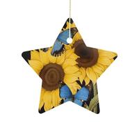 Décorations de sapin de Noël en forme d'étoile en céramique à suspendre en forme de tournesols jaunes avec papillons bleus pour sapin de Noël, fête de famille, vacances