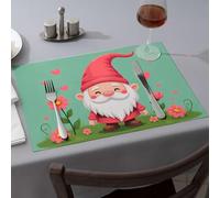 Décorations de table de Pâques Un gnome joyeux entouré de fleurs et de cœurs. Sets de table de salle à manger, nappe occidentale, décorations de fête occidentales (6 pièces)