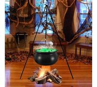 Décorations d'extérieur d'Halloween, chaudron de sorcière en plastique noir avec trépied avec globes oculaires et squelette, grand bol de fête d'Halloween pour décoration de maison et de porche