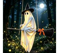 Décorations d'Halloween 2026 - Grande décoration d'Halloween à suspendre avec balai de sorcière, fantômes mignons pour porche, cour, arbre de 1 m