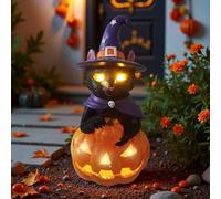 Décorations d'Halloween à énergie solaire effrayante - Figurine de citrouille chat noir - Statue de jardin lumineuse pour extérieur, patio, porche, cour, décoration d'intérieur, cadeaux pour Halloween