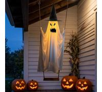 Décorations d'Halloween d'extérieur, grande balançoire fantôme à suspendre de 145 cm avec guirlande lumineuse, fantômes mignons effrayants pour arbre, porche, cour, jardin, pelouse