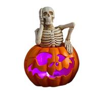 Décorations d'halloween d'intérieur, Squelette en résine sur Citrouille Lumineuse, Cadeau pour cheminée, Table de fête, Plateau à Plusieurs Niveaux, Statue Lumineuse pour Porche, Table, fenêtre