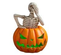 Décorations d'halloween d'intérieur, Squelette en résine sur Citrouille Lumineuse, Cadeau pour cheminée, Table de fête, Plateau à Plusieurs Niveaux, Statue Lumineuse pour Porche, Table, fenêtre