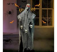 Décorations d'Halloween effrayantes grandeur nature - Squelette d'Halloween avec yeux lumineux et son - Bras réglables - Détection vocale/tactile - Animatronique d'Halloween pour décoration de cour et
