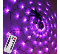 Décorations d'Halloween en toile d'araignée - 2 toiles d'araignée lumineuses, 1,2 m de diamètre, 70 LED avec araignée noire, étanche, télécommande, 8 modes de toile d'araignée, décorations d'Halloween