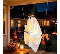 Décorations d'Halloween fantômes phosphorescentes à suspendre sur balais avec lumières chaudes intégrées, fantôme volant effrayant à suspendre pour pelouse, terrasse, porche, arrière-cour (avec