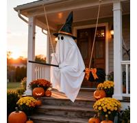 Décorations d'Halloween fantômes phosphorescentes à suspendre sur balais avec lumières chaudes intégrées, fantôme volant effrayant à suspendre pour pelouse, terrasse, porche, arrière-cour (sans