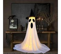 Décorations d'halloween fantômes Spooky avec Un Chapeau de sorcière, Gros fantômes de Tissu Blanc éclairé, décoration extérieure des fantômes éclair