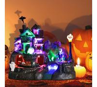 Décorations d'Halloween, figurine de maison de village avec train électrique musical et lumière LED multicolore tête de mort, fantôme, statues de bâtiments d'Halloween pour fête et décoration