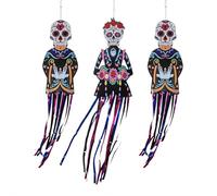 Décorations d'Halloween Jour des morts, bannière squelette fantôme à suspendre avec motif tête de mort en sucre, Dia de los Muertos Crochet de porte pour décoration de fête extérieure ou intérieure