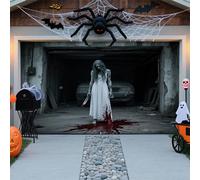 Décorations d'Halloween pour Porte de Garage, Couverture de Porte de Garage pour Halloween, Grande Toile de Fond Suspendue Effrayante Carnaval Bannière de Décorations Murales pour Extérieur Jardin