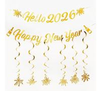 Décorations du Nouvel An 2026, bannière « Happy New Year » avec paillettes dorées pour fête du Nouvel An