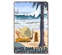 Décorations en métal pour étagères Love Dog Poster And She Lived Happily Ever After Love Reading On The Beach Ocean Poster Cadeau pour amoureux de la plage Plaque murale humoristique en métal 20,3 x