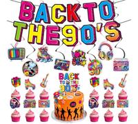 Décorations Fête Années 90s, Fournitures Fête Années 1990 Bannière Back To The 90s, Guirlandes Suspendues, Décorations pour Cupcakes et Gâteau, pour Soirée Disco Rétro sur le Thème des Années 90